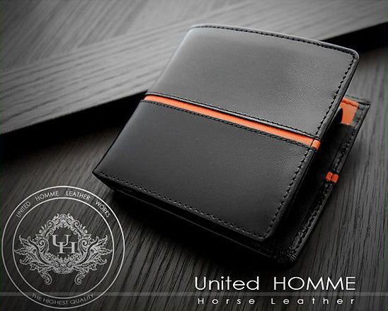 【unitedHOMME】馬革×牛革センターラインデザイン二つ折り財布■オレンジ×1個