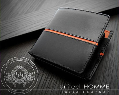 【unitedHOMME】馬革×牛革センターラインデザイン二つ折り財布■オレンジ×1個