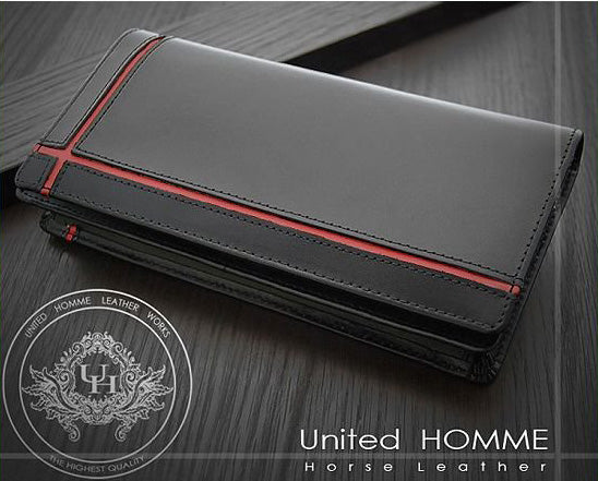 【unitedHOMME】馬革×牛革クロスラインデザイン紳士長財布■レッドライン×1個