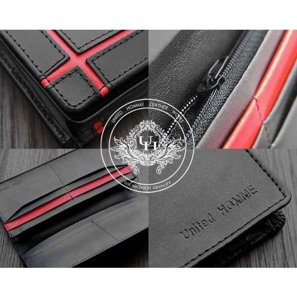 【unitedHOMME】馬革×牛革クロスラインデザイン紳士長財布■レッドライン×1個