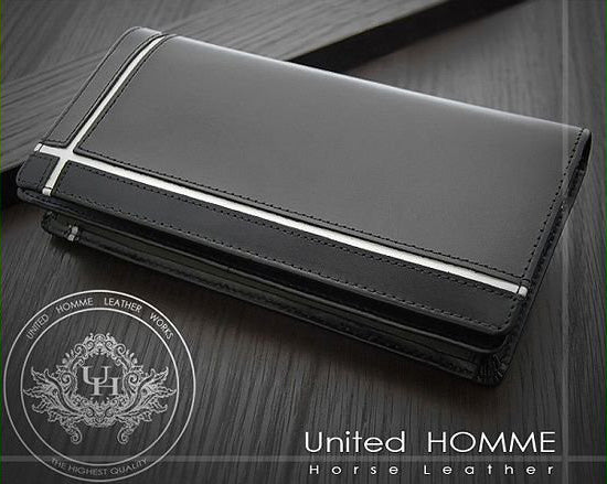 【unitedHOMME】馬革×牛革クロスラインデザイン紳士長財布■ホワイトライン×1個