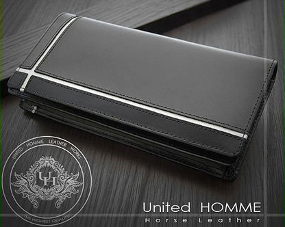【unitedHOMME】馬革×牛革クロスラインデザイン紳士長財布■ホワイトライン×1個
