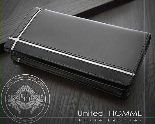 【unitedHOMME】馬革×牛革クロスラインデザイン紳士長財布■ホワイトライン×1個