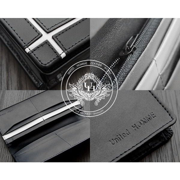 【unitedHOMME】馬革×牛革クロスラインデザイン紳士長財布■ホワイトライン×1個