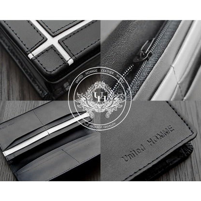 【unitedHOMME】馬革×牛革クロスラインデザイン紳士長財布■ホワイトライン×1個