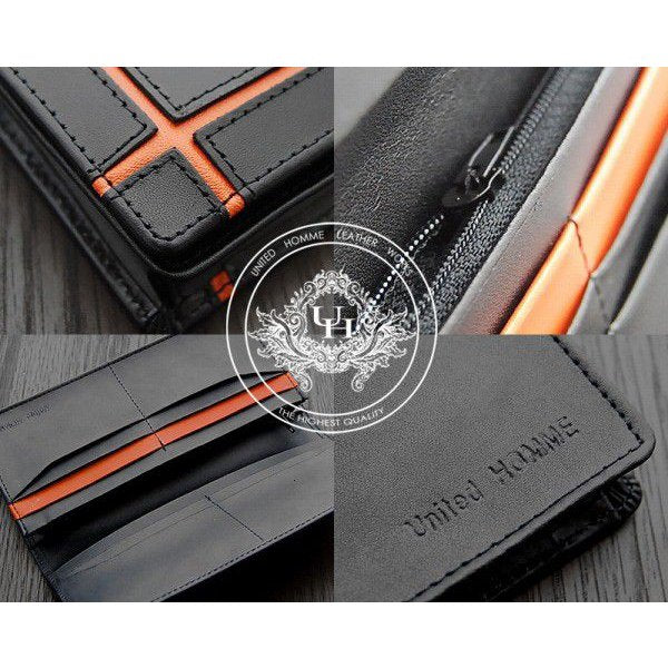 【unitedHOMME】馬革×牛革クロスラインデザイン紳士長財布■オレンジライン×1個