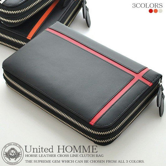 【unitedHOMME】馬革クロスラインデザインダブルラウンドファスナー クラッチバッグ■レッドライン×1個