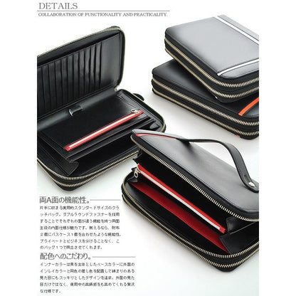 【unitedHOMME】馬革クロスラインデザインダブルラウンドファスナー クラッチバッグ■レッドライン×1個