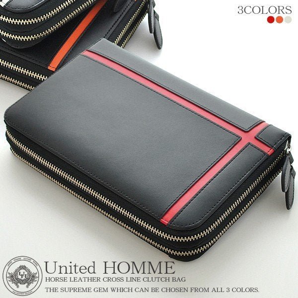 【unitedHOMME】馬革クロスラインデザインダブルラウンドファスナー クラッチバッグ■ホワイトライン×1個