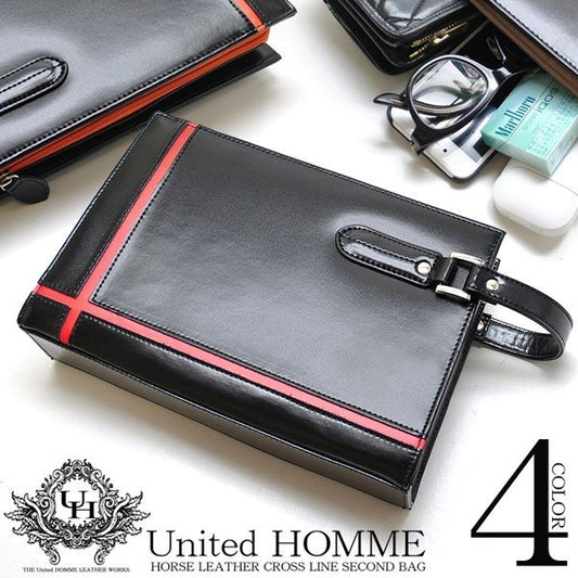 【unitedHOMME】馬革×クロスラインスリムセカンドバッグ■オレンジライン×1個