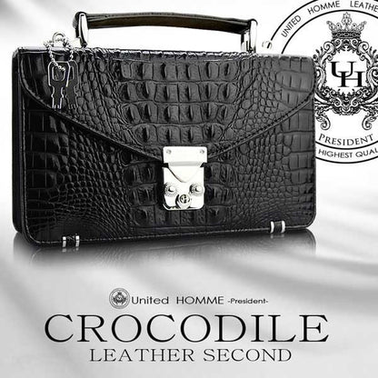 【unitedHOMME】クロコダイル型押し牛革セカンドバッグ■ブラック×1個