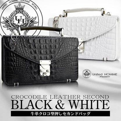 【unitedHOMME】クロコダイル型押し牛革セカンドバッグ■ホワイト×1個