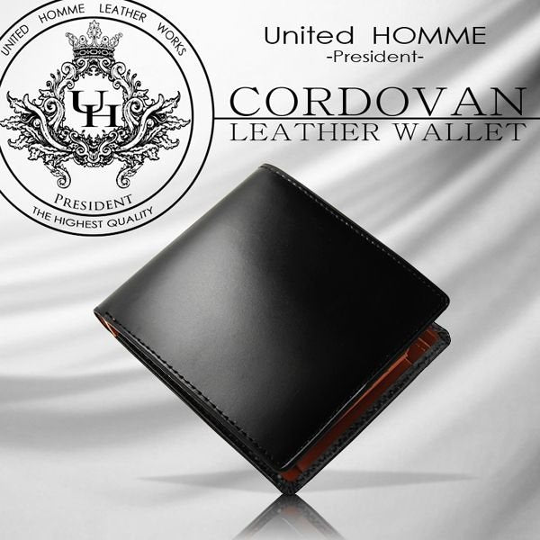 【unitedHOMME】馬革コードバン×牛革二つ折り財布■ブラック×1個