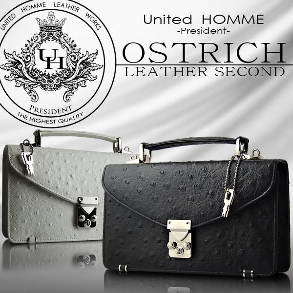 【unitedHOMME】オーストリッチ型押し牛革セカンドバッグ（モンソー型）■ ブラック×1個