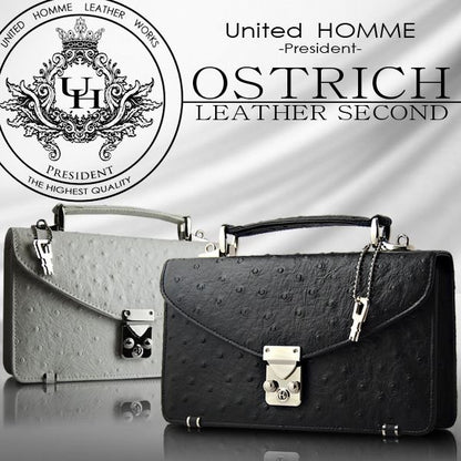 【unitedHOMME】オーストリッチ型押し牛革セカンドバッグ（モンソー型）■ ブラック×1個