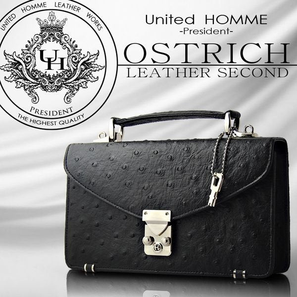 【unitedHOMME】オーストリッチ型押し牛革セカンドバッグ（モンソー型）■ ブラック×1個