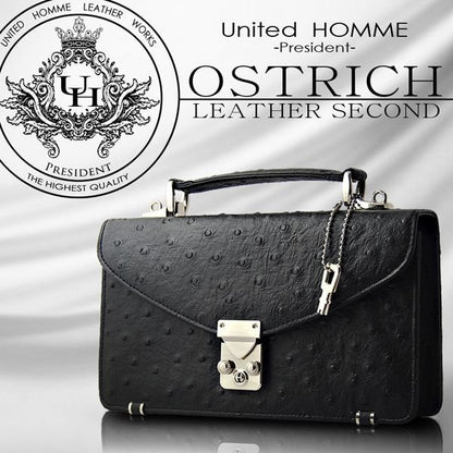 【unitedHOMME】オーストリッチ型押し牛革セカンドバッグ（モンソー型）■ ブラック×1個