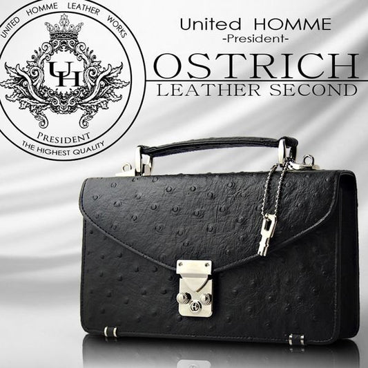 【unitedHOMME】オーストリッチ型押し牛革セカンドバッグ（モンソー型）■ ブラック×1個
