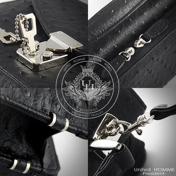 【unitedHOMME】オーストリッチ型押し牛革セカンドバッグ（モンソー型）■ ブラック×1個