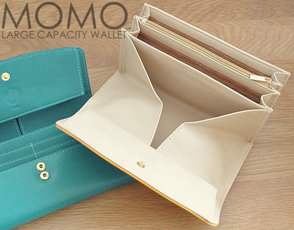 【MOMO】ラージキャパシティウォレット　AN-8503■レディースカラバリ牛革長財布 ネイビー/ブルーグリーン×1個