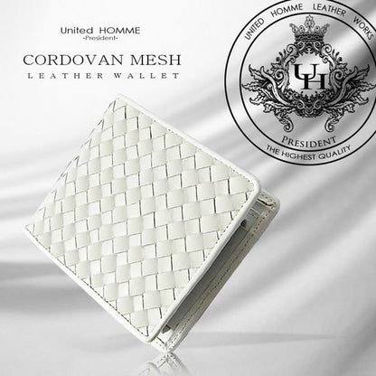 【unitedHOMME】高級馬革メッシュ×牛革二つ折り財布■メンズ短財布 ホワイト×1個