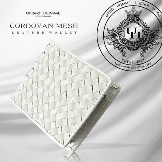 【unitedHOMME】高級馬革メッシュ×牛革二つ折り財布■メンズ短財布 ホワイト×1個