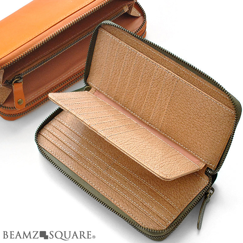 【BEAMZSQUARE】栃木レザー×ボンデッドレザーWラウンドファスナー長財布　グリーン×1個