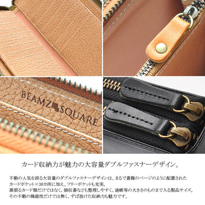 【BEAMZSQUARE】栃木レザー×ボンデッドレザーWラウンドファスナー長財布　グリーン×1個