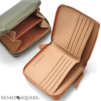 【BEAMZSQUARE】栃木レザー×ボンデッドレザーWラウンドファスナー短財布　キャメル×1個