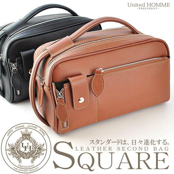 【unitedHOMME】牛革ソフトレザースクエアタイプBOX型セカンドバッグ■ キャメル×1個
