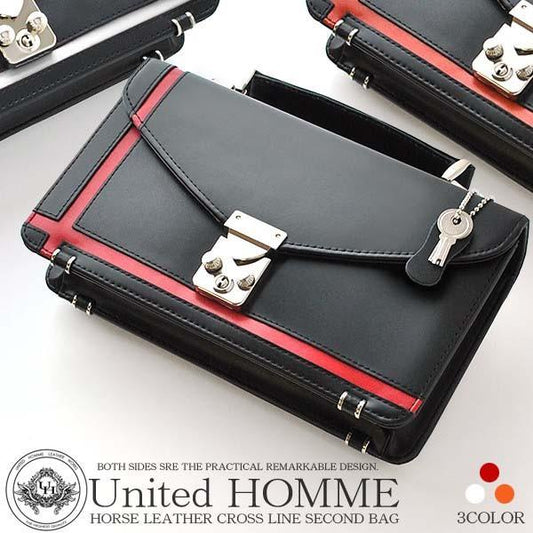 【unitedHOMME】馬革×クロスライン鍵付きセカンドバッグ■UH-2462■財布要らずのメンズポーチ■ レッドライン×1個