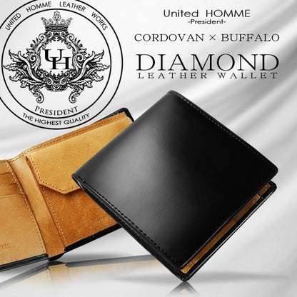 【unitedHOMME】高級馬革×水牛革短財布■コードバン×バッファロー折財布 ブラック×1個