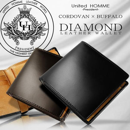 【unitedHOMME】高級馬革×水牛革短財布■コードバン×バッファロー折財布 ブラウン×1個