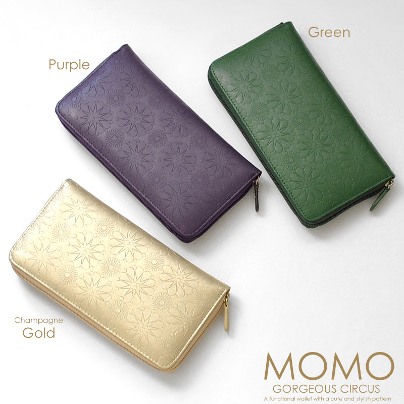 【MOMO】牛革型押しラウンドファスナー長財布　■背面ポケット付きレディース長財布 シャンパンゴールド×1個