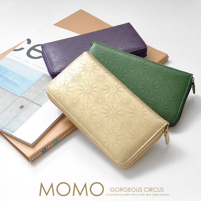 【MOMO】牛革型押しラウンドファスナー長財布　■背面ポケット付きレディース長財布 パープル×1個
