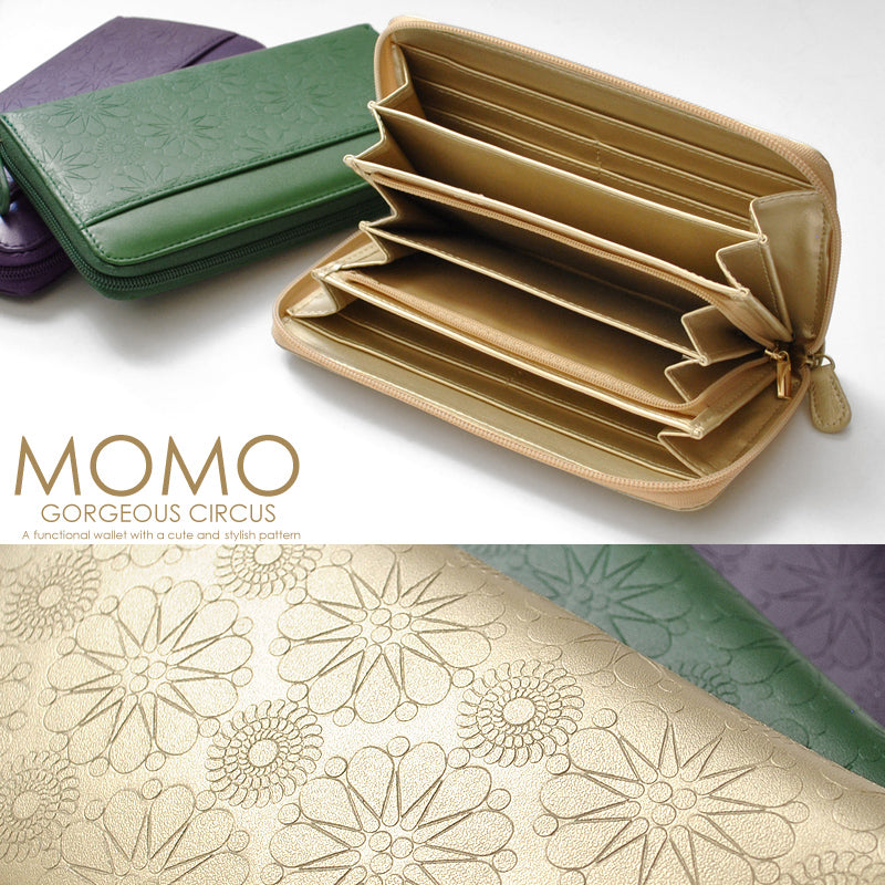【MOMO】牛革型押しラウンドファスナー長財布　■背面ポケット付きレディース長財布 パープル×1個