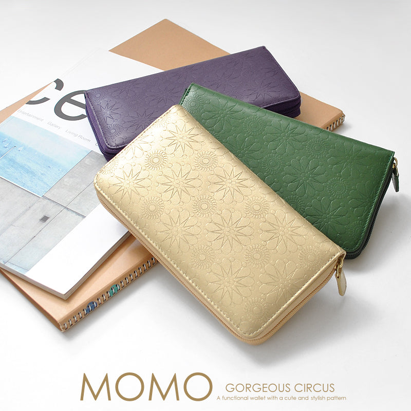 【MOMO】牛革型押しラウンドファスナー長財布　■背面ポケット付きレディース長財布 グリーン×1個
