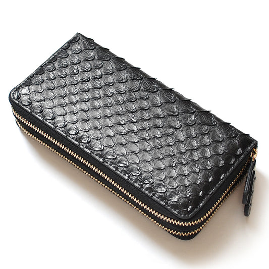【金運財布】錦蛇革ダブルファスナーラウンド長財布No.3173　縁起の良いパイソンレザー財布♪　 ブラック×1個単位