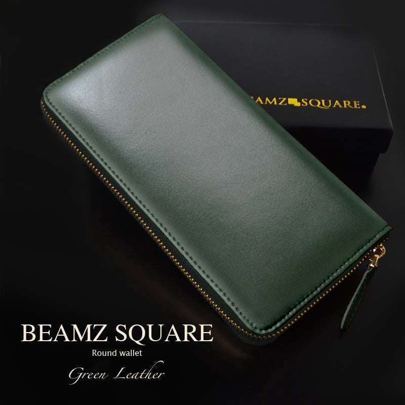 BEAMZSQUARE　牛革グリーン×ゴールド ラウンドファスナー長財布　BS-15805GRN　開運金運財布 1個