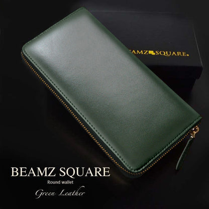 BEAMZSQUARE　牛革グリーン×ゴールド ラウンドファスナー長財布　BS-15805GRN　開運金運財布 1個