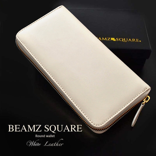 BEAMZSQUARE　マットホワイト×ゴールド 牛革ラウンドファスナー長財布　BS-15805WH　開運金運財布 1個