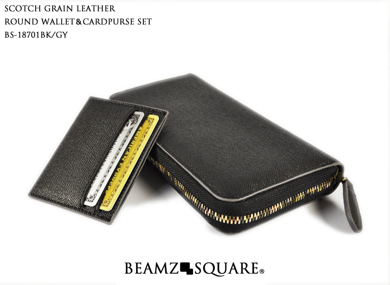 BEAMZSQUARE　スコッチグレインレザー（牛革）ラウンドファスナー長財布BS-18701BK/GY 1個