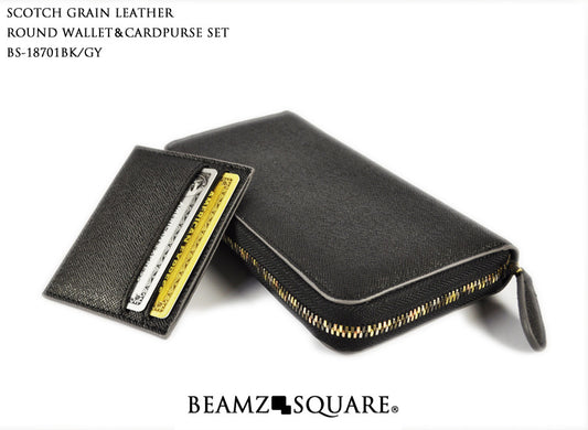 BEAMZSQUARE　スコッチグレインレザー（牛革）ラウンドファスナー長財布BS-18701BK/GY 1個