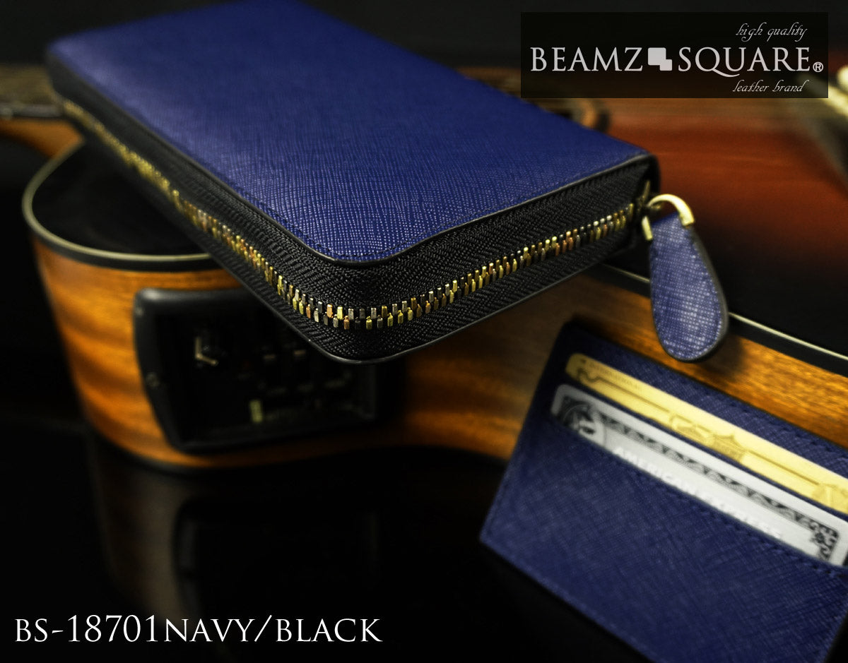 BEAMZSQUARE　スコッチグレインレザー（牛革）ラウンドファスナー長財布BS-18701NV/BK 1個