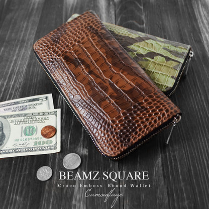BEAMZSQUARE　迷彩柄銀革クロコ型押しラウンドファスナー長財布　BZSQ-190　 グリーン×1個