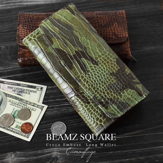 BEAMZSQUARE迷彩柄銀革クロコ型押しアコーディオン式長財布BZSQ-192 グリーン×1個