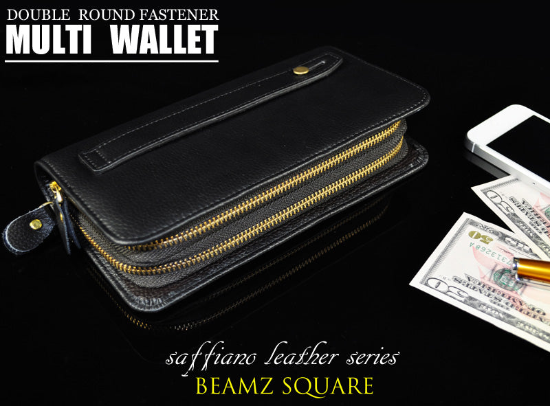 BEAMZSQUARE　サフィアーノ牛革ダブルファスナー大容量長財布　BS-1657BK 1個