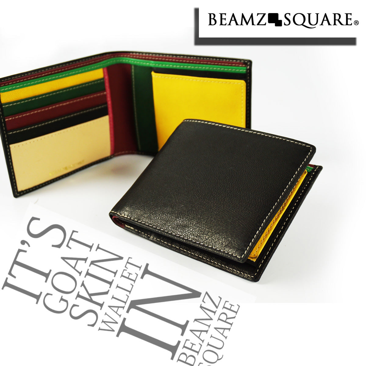 BEAMZSQUARE　オールゴートスキンレザー折財布　BZSQ-338ブラック/インナーマルチカラー（山羊革） 1個