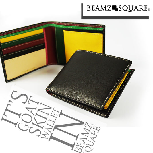 BEAMZSQUARE　オールゴートスキンレザー折財布　BZSQ-338ブラック/インナーマルチカラー（山羊革） 1個