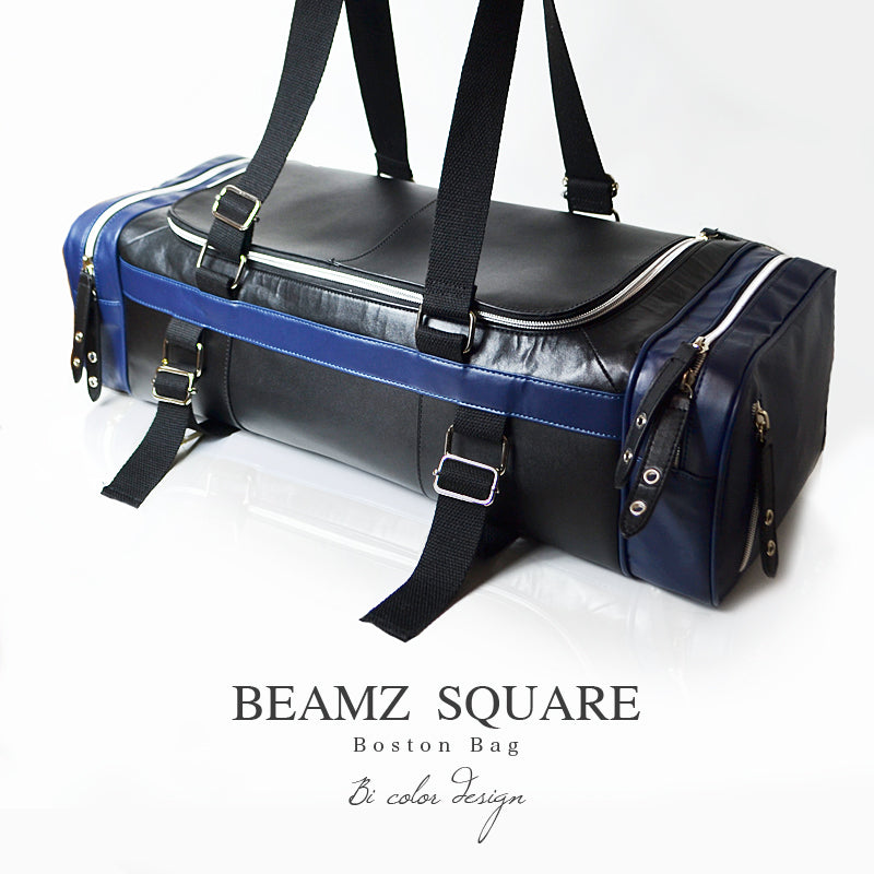 BEAMZSQUARE　スクエアスタイル牛革ボストンバッグ　BS-2478BK/NV　流行のバイカラー 1個
